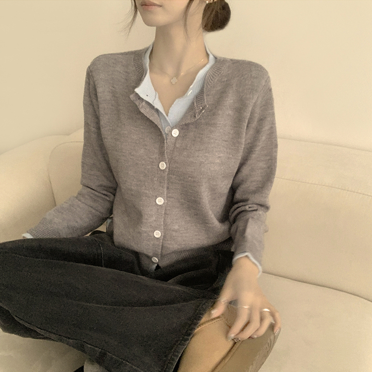 풀하우스 라운드 레이어드아방핏 겨울 긴팔 버튼 니트 가디건 오버핏 아우터 그레이