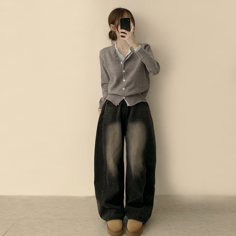 풀하우스 라운드 레이어드아방핏 겨울 긴팔 버튼 니트 가디건 오버핏 아우터 그레이