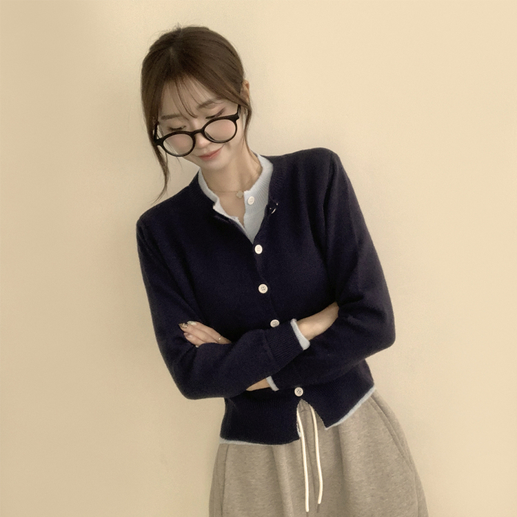 풀하우스 라운드 레이어드아방핏 겨울 긴팔 버튼 니트 가디건 오버핏 아우터 네이비