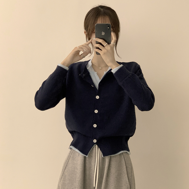 풀하우스 라운드 레이어드아방핏 겨울 긴팔 버튼 니트 가디건 오버핏 아우터 네이비