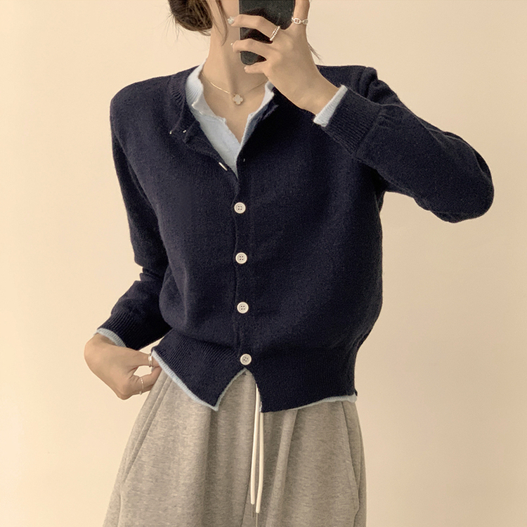 풀하우스 라운드 레이어드아방핏 겨울 긴팔 버튼 니트 가디건 오버핏 아우터 네이비