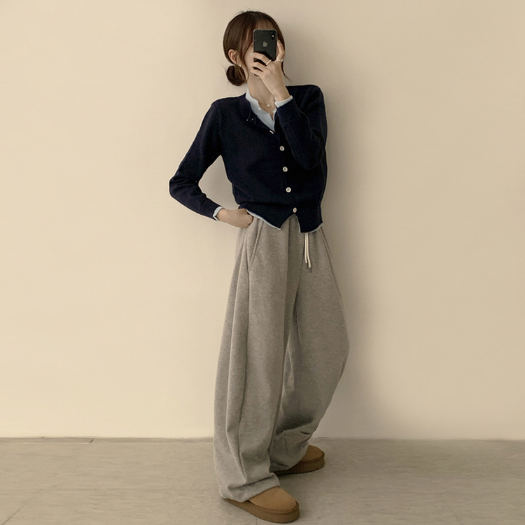 풀하우스 라운드 레이어드아방핏 겨울 긴팔 버튼 니트 가디건 오버핏 아우터 네이비