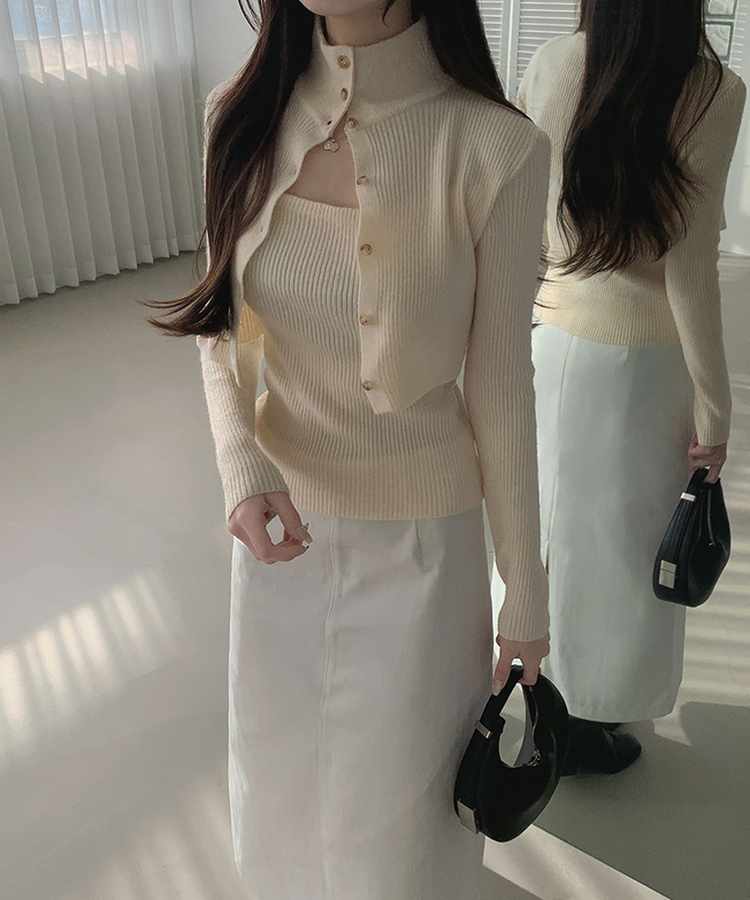 일체형 하이넥 레이어드 니트 셋업 아이보리
