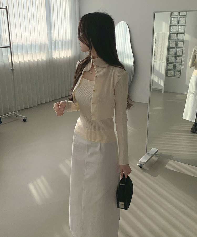 일체형 하이넥 레이어드 니트 셋업 아이보리
