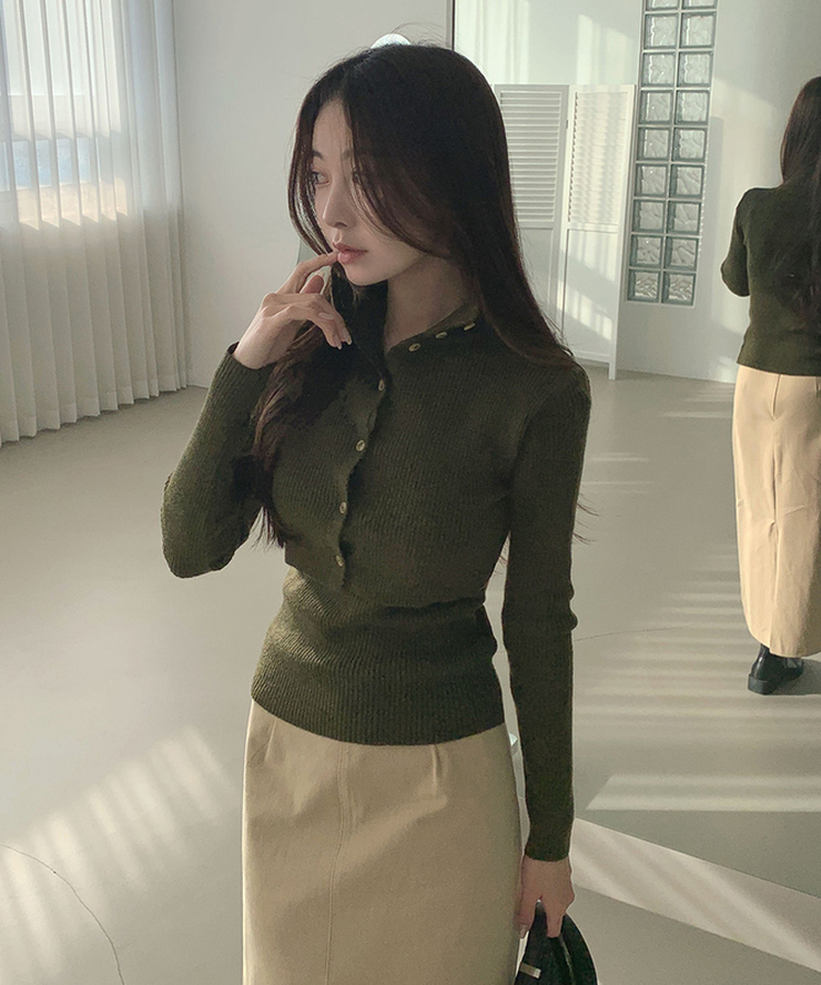 일체형 하이넥 레이어드 니트 셋업 카키