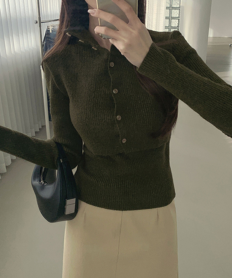 일체형 하이넥 레이어드 니트 셋업 카키