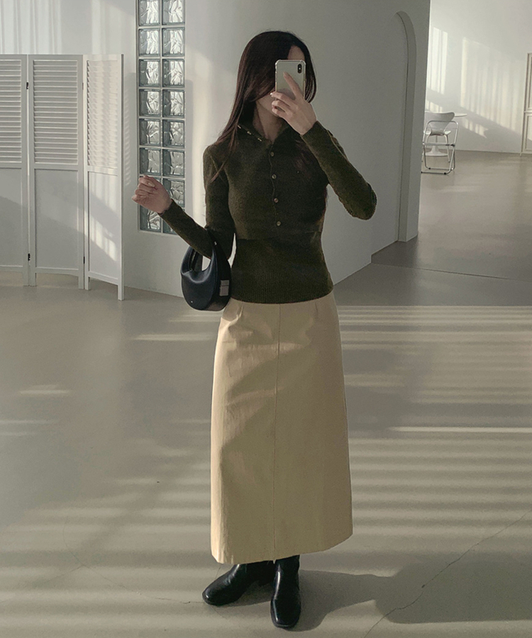 일체형 하이넥 레이어드 니트 셋업 카키