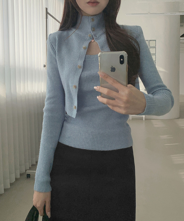 일체형 하이넥 레이어드 니트 셋업 소라