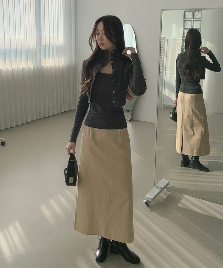 일체형 하이넥 레이어드 니트 셋업 먹색