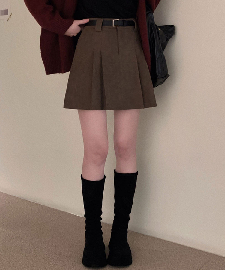 적당한 기장감어반 투핀턱 코듀로이 골덴 플리츠 미니 스커트 브라운