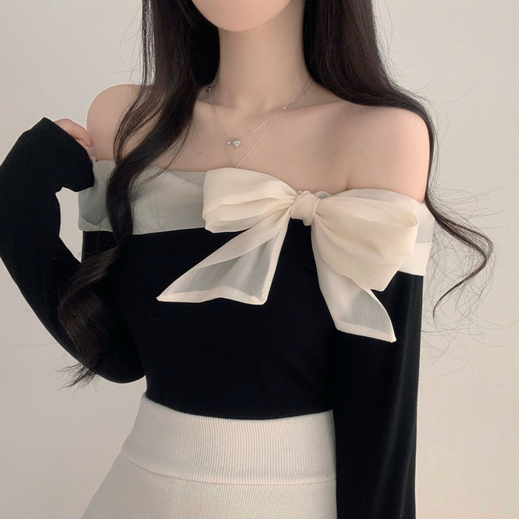 オフショルダーリボン長袖Tシャツ BLACK