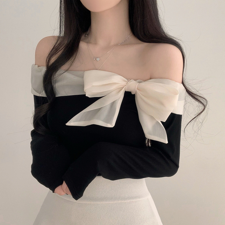 オフショルダーリボン長袖Tシャツ BLACK