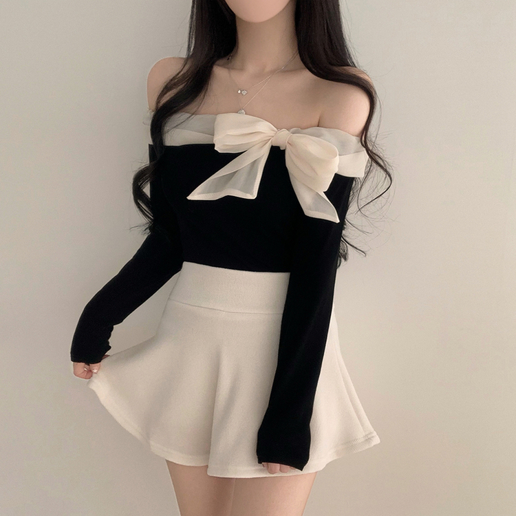 オフショルダーリボン長袖Tシャツ BLACK