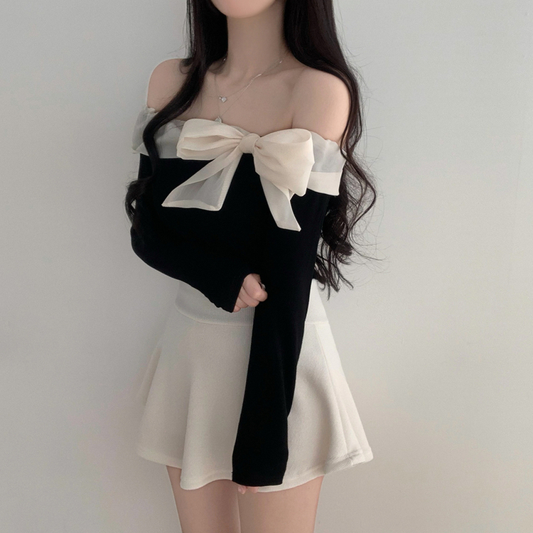 オフショルダーリボン長袖Tシャツ BLACK