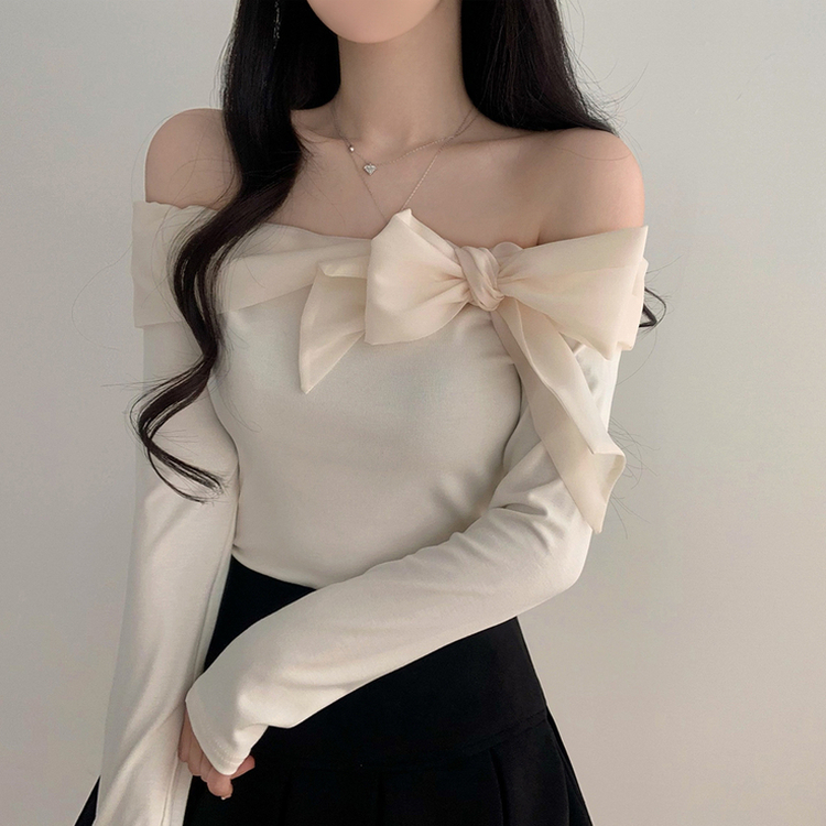 オフショルダーリボン長袖Tシャツ IVORY
