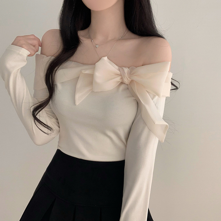 オフショルダーリボン長袖Tシャツ IVORY