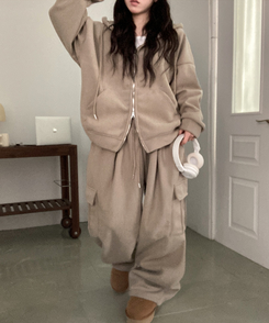 토리 남녀공용 골덴 와이드 조거 투피스 트레이닝 셋업 세트 베이지