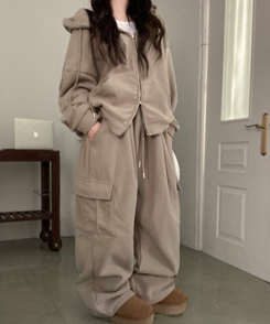 토리 남녀공용 골덴 와이드 조거 투피스 트레이닝 셋업 세트 베이지