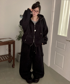 토리 남녀공용 골덴 와이드 조거 투피스 트레이닝 셋업 세트 블랙