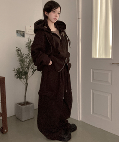 토리 남녀공용 골덴 와이드 조거 투피스 트레이닝 셋업 세트 다크브라운