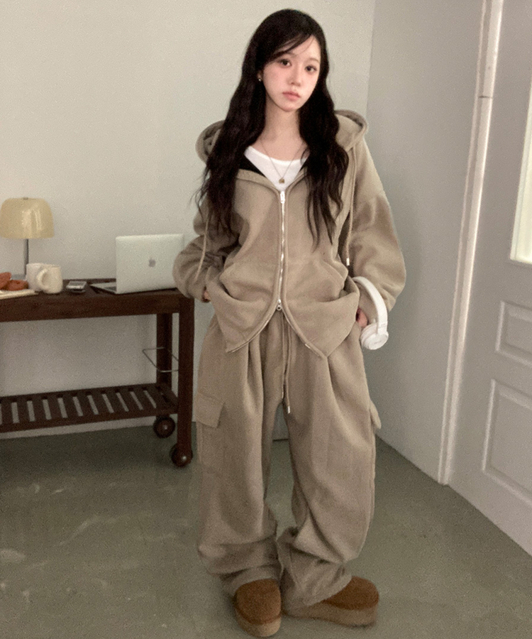 토리 남녀공용 골덴 와이드 조거 투피스 트레이닝 셋업 세트 베이지