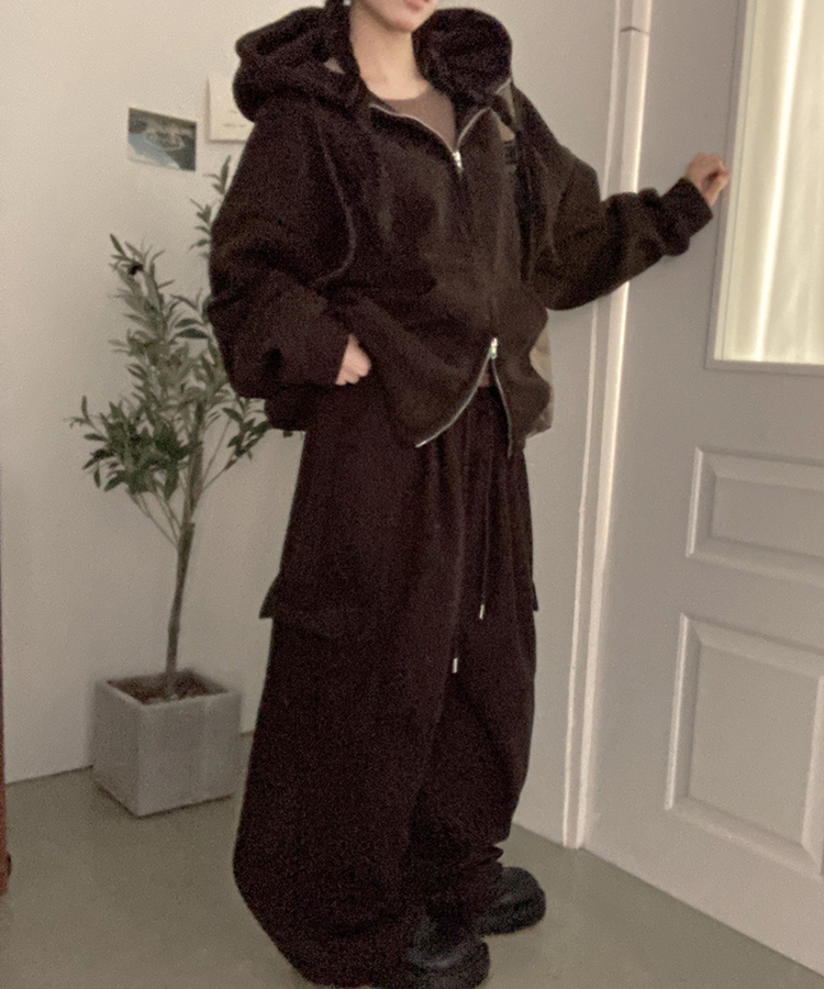 토리 남녀공용 골덴 와이드 조거 투피스 트레이닝 셋업 세트 다크브라운