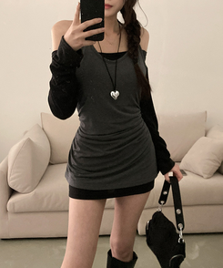 レイヤードオフショルダーワンピース CHARCOAL