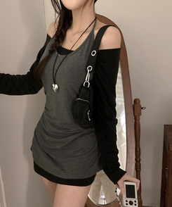 レイヤードオフショルダーワンピース CHARCOAL