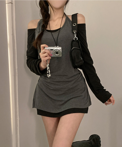 レイヤードオフショルダーワンピース CHARCOAL