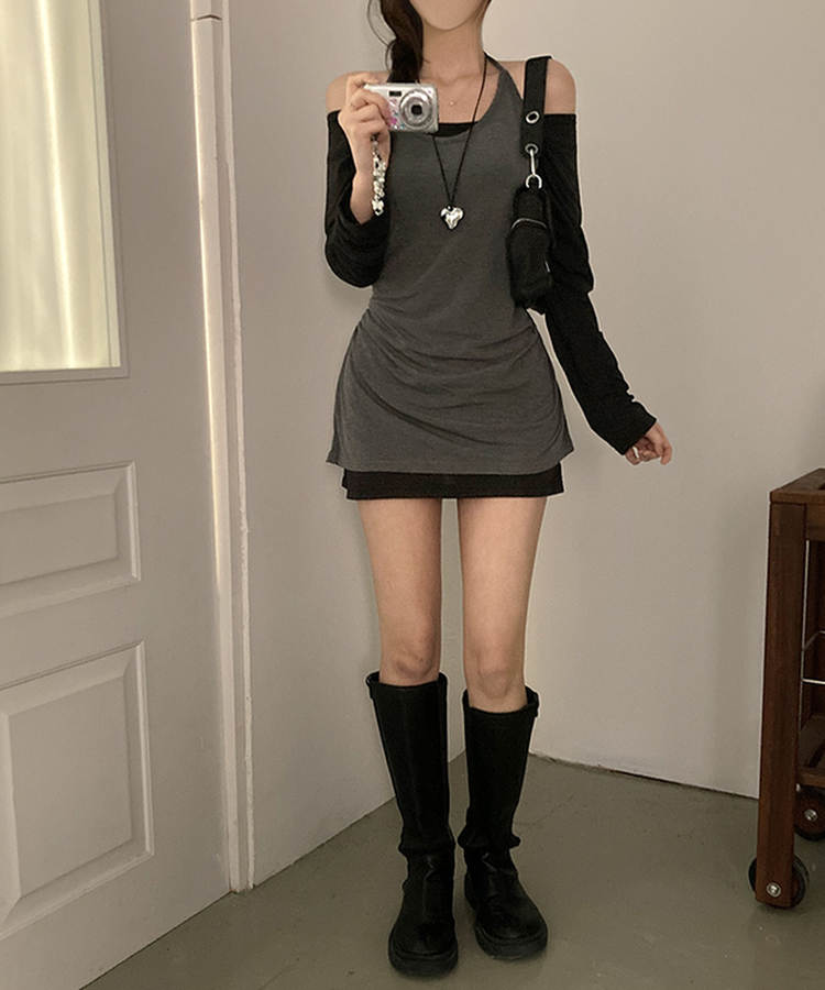 무코 기모 홀터 나시 레이어드 뷔스티에 일체형 오프숄더 원피스 차콜
