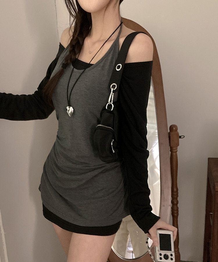 무코 기모 홀터 나시 레이어드 뷔스티에 일체형 오프숄더 원피스 차콜