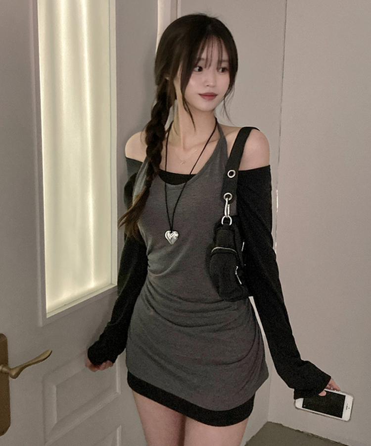 무코 기모 홀터 나시 레이어드 뷔스티에 일체형 오프숄더 원피스 차콜