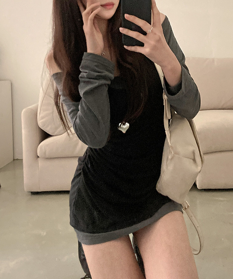 무코 기모 홀터 나시 레이어드 뷔스티에 일체형 오프숄더 원피스 블랙