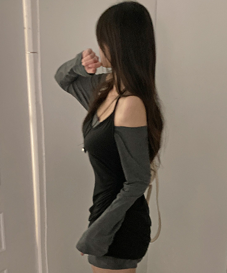 무코 기모 홀터 나시 레이어드 뷔스티에 일체형 오프숄더 원피스 블랙