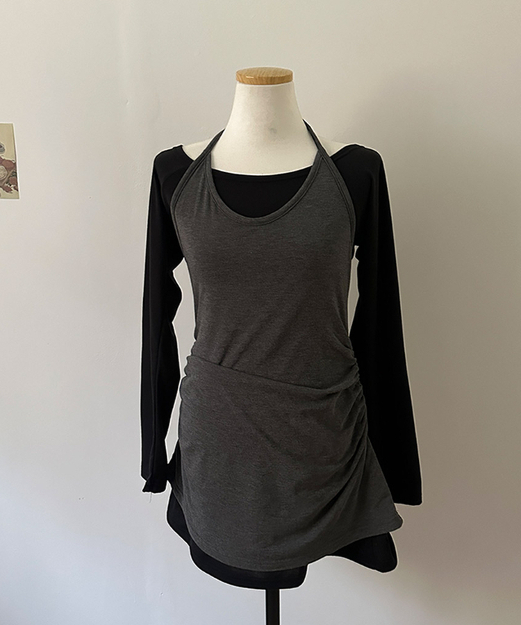 무코 기모 홀터 나시 레이어드 뷔스티에 일체형 오프숄더 원피스