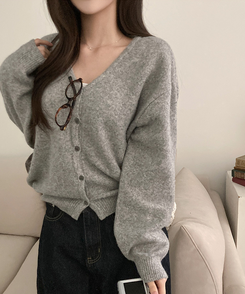 아벨 폭닥 브이넥 울 가디건 그레이