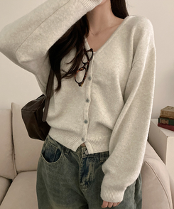 아벨 폭닥 브이넥 울 가디건 오트그레이