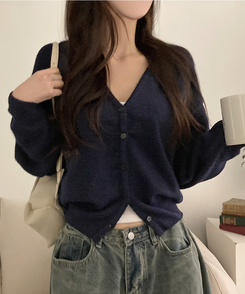 아벨 폭닥 브이넥 울 가디건 네이비