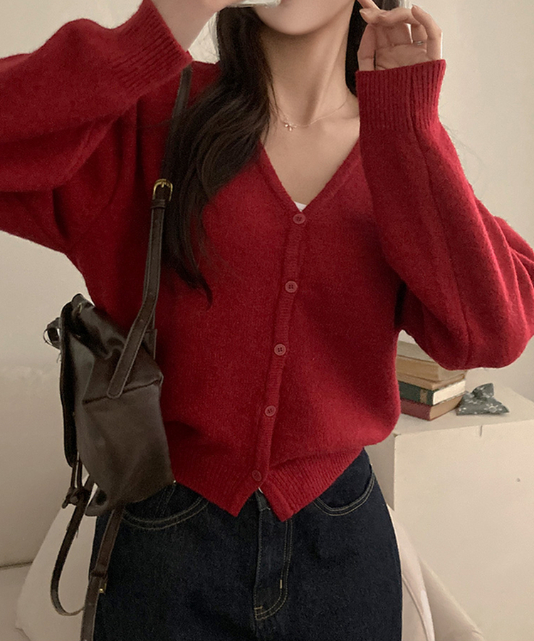 아벨 폭닥 브이넥 울 가디건 레드