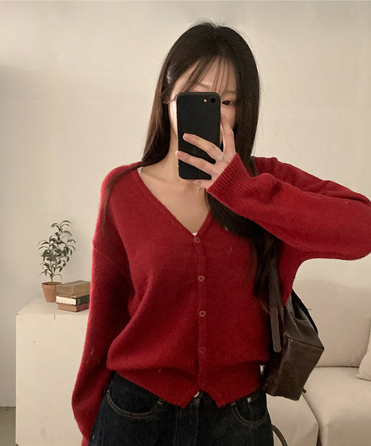 아벨 폭닥 브이넥 울 가디건 레드
