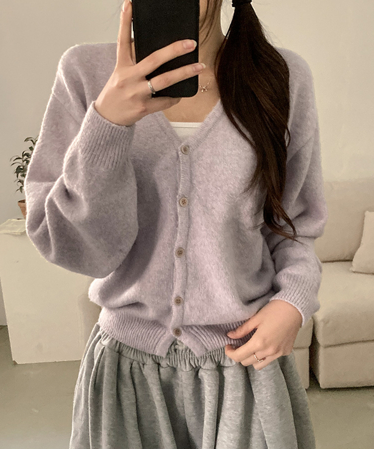 아벨 폭닥 브이넥 울 가디건 라벤더