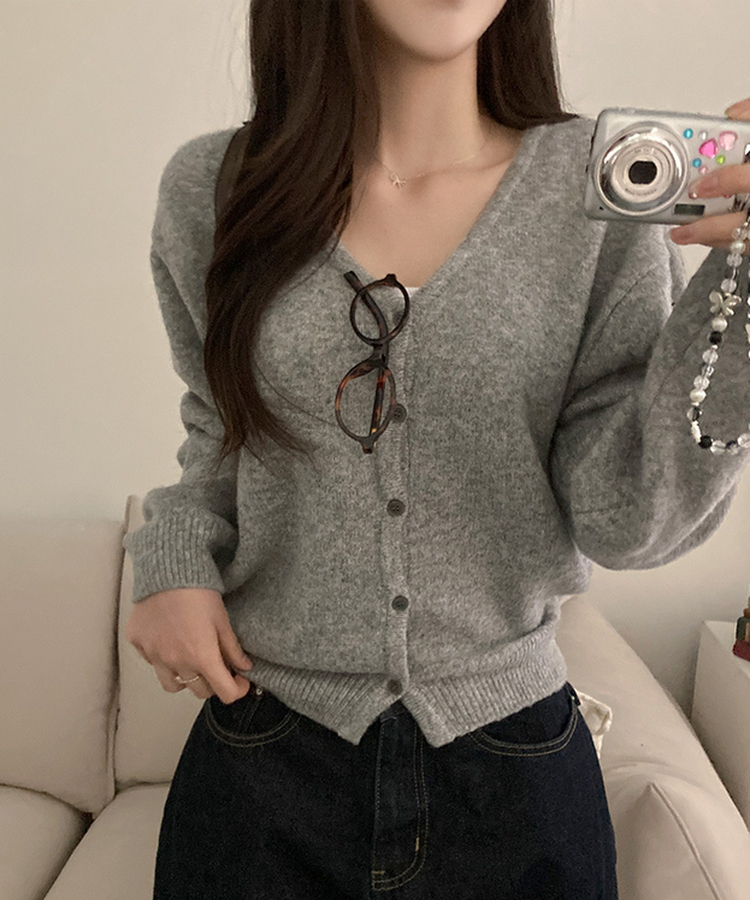 아벨 폭닥 브이넥 울 가디건 그레이