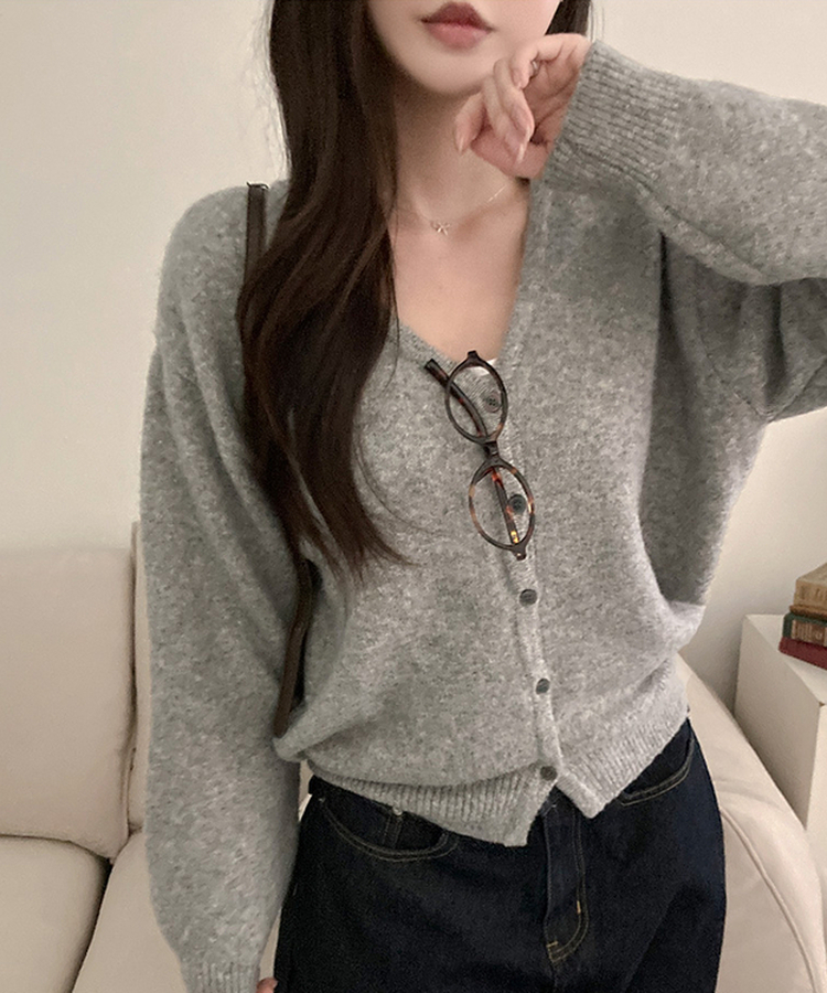 아벨 폭닥 브이넥 울 가디건 그레이