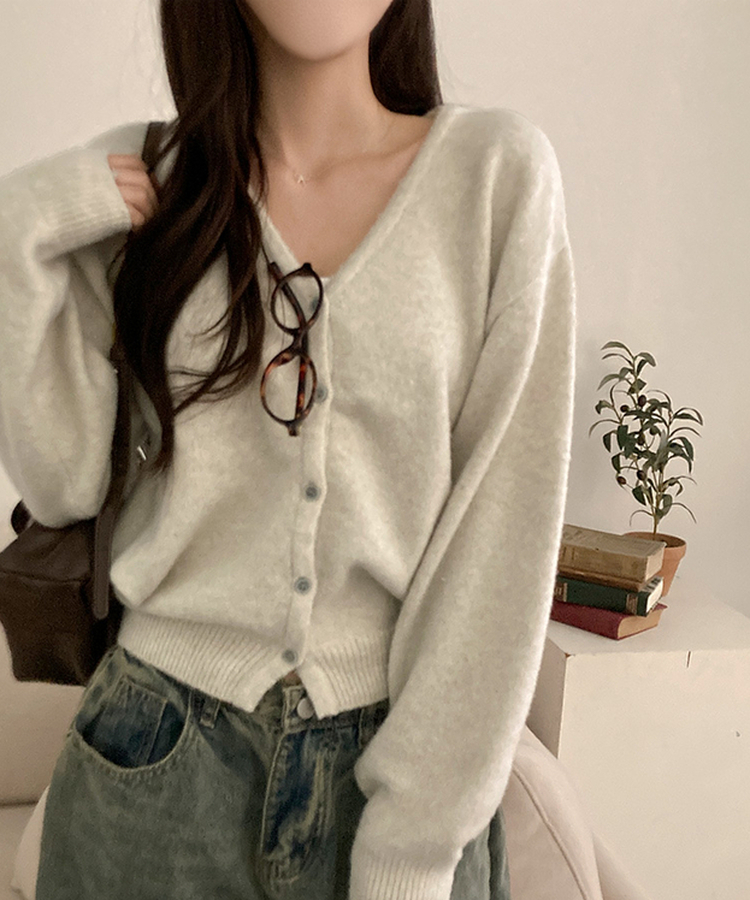 아벨 폭닥 브이넥 울 가디건 오트그레이