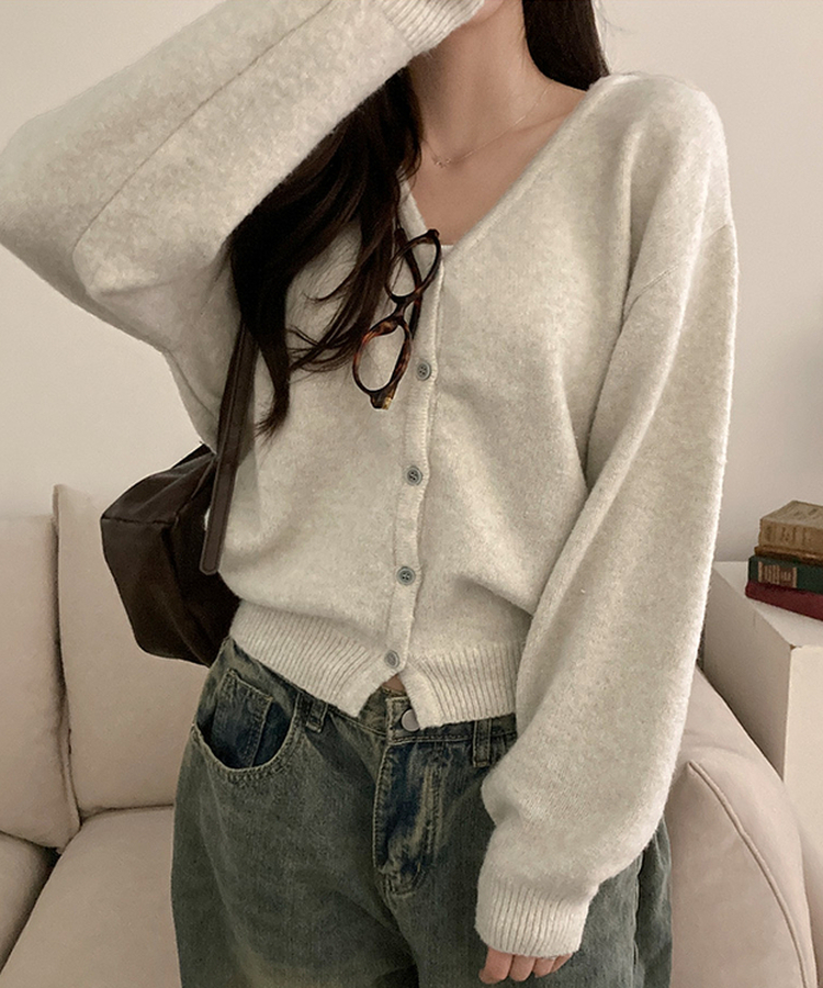 아벨 폭닥 브이넥 울 가디건 오트그레이