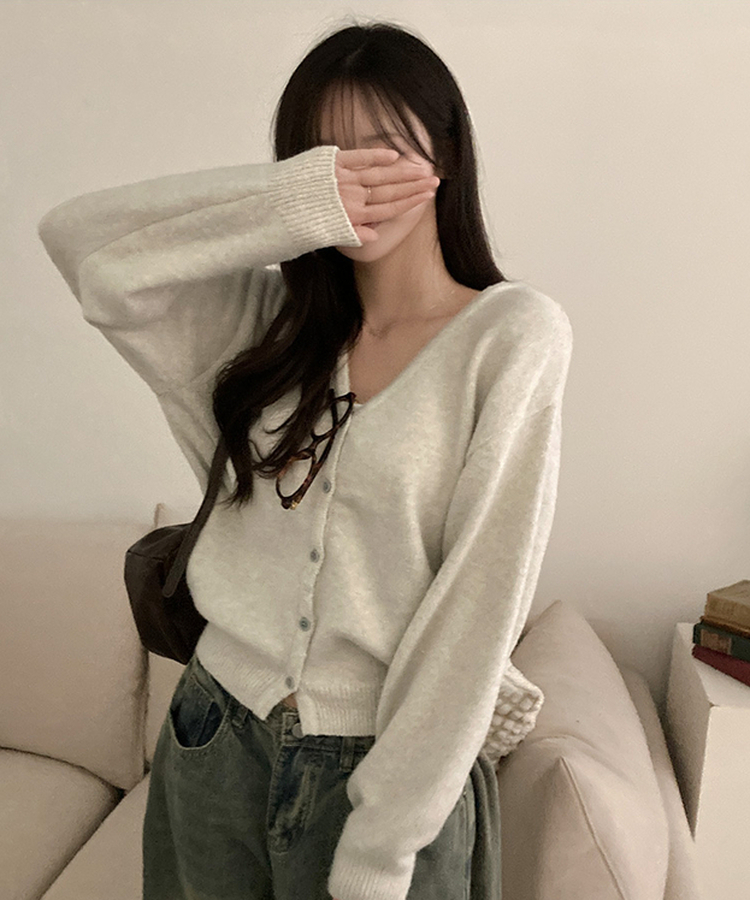 아벨 폭닥 브이넥 울 가디건 오트그레이