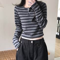 ストライプボタンクロップニット長袖Tシャツ BLACK