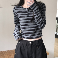 ストライプボタンクロップニット長袖Tシャツ BLACK