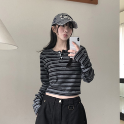 ストライプボタンクロップニット長袖Tシャツ BLACK