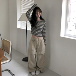 ストライプボタンクロップニット長袖Tシャツ GREY